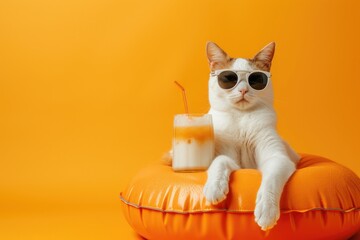 Funny cat wearing sunglasses relaxing sitting on rubber ring with orange juicy cocktail