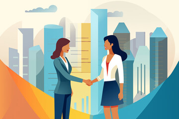 Business graphic vector modern style illustration of business people shaking hands in an office or city environment meeting agreeing recruiting interviewing sealing deal or agreement together