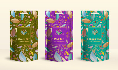 Tea packaging design with zip pouch bag mockup. Vector ornament template. Elegant, classic elements. Great for food, drink and other package types. Can be used for background and wallpaper. - obrazy, fototapety, plakaty