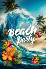 Beach Party Poster With Tropical Flowers and Palm Trees