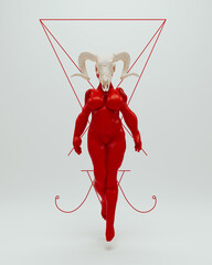 Lucifer red woman white goat skull voluptuous demon devil black magic symbol white background 3d illustration render digital rendering