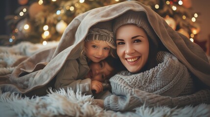 Cozy winter scene with mom and kids cuddling under a soft blanket - obrazy, fototapety, plakaty