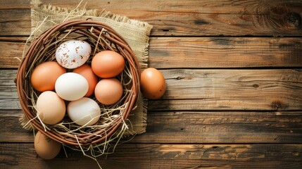 Basket of Eggs on Wooden Table