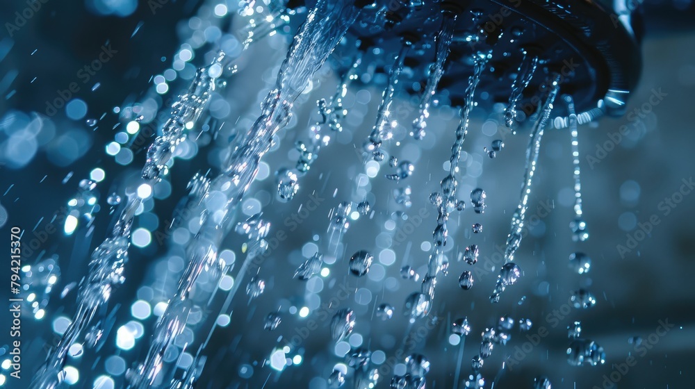 Poster water droplets flowing from a bathroom shower head