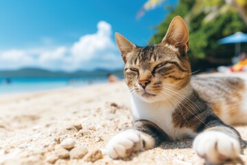 Funny cat sitting on beach sand relaxing on the sea shore.