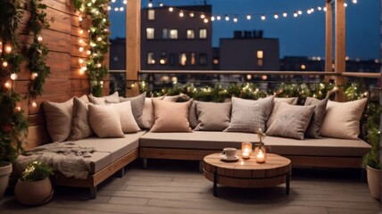 A cozy outdoor roof terrace with a sofa and coffee tab
