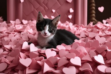 The kitten lies in a pink hearts. A cat sit in purple balloons for Valentine's Day. Romantic concept: love, tenderness. High quality photo