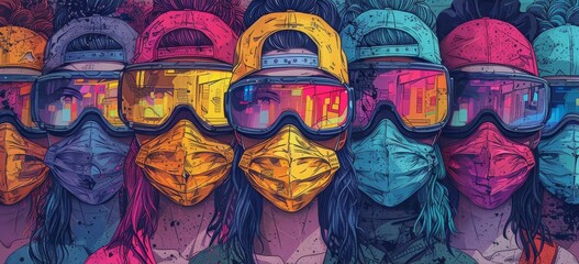 People wearing masks due to fine dust. Hand drawn modern illustrations in doodle style.