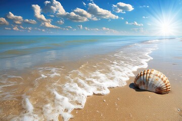 Summertime vacation concept. Seashell on seashore with blue water sea wave..
