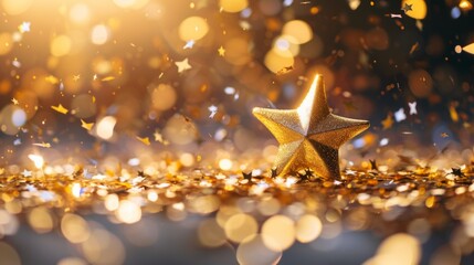 lux golden star confetti and bokeh christmas background.