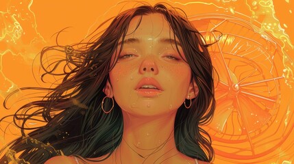 An isolated sweating girl with a fan cooling herself off during summer. A modern illustration in the hand drawn style that represents summer and hot weather.