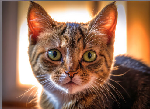 close up photo of cute little cat. cat looking sharp at the camera with blur background