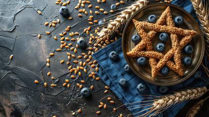 Wheat ears, freshly baked bread in the form of six-pointed star on stone background for Jewish holiday Shavuot.	