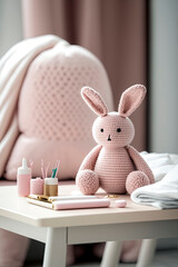 table with a plush toy hare in the baby room. Generative AI,