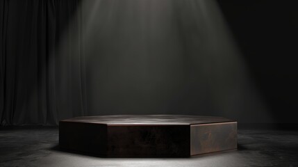 A hexagon-shaped dark brown podium on the empty black background, illuminated by soft white light.