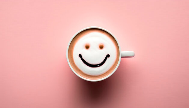 latte coffee in a cup minimalism smile pink background. Generative AI.