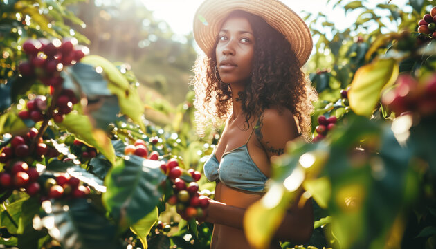 Young mixed race woman in straw hat standing next to bushes with red coffee berries, picker farmer working at planation. Generative AI