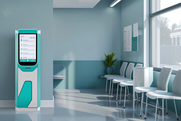 A mockup of an interactive kiosk standing vertically in the corner of a hospital waiting room.