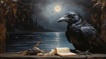 Majestic black raven clutching a sealed letter against the backdrop of the evening moon and sea - 794218110