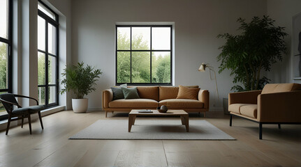 Fototapeta premium Stylish living room interior with beautiful house plants . Generative. AI
