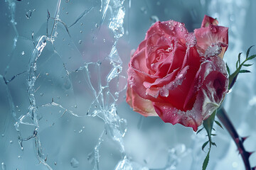 Rose bud on an ice background with empty space, a fragile layer of ice and a blooming rose