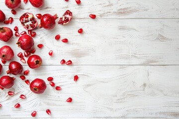 Fresh pomegranates arranged on a rustic white wooden table. Ideal for food and nutrition concepts - obrazy, fototapety, plakaty