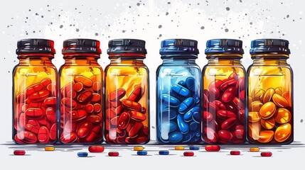 Modern illustration of drug bottles on white background with blisters of pills and drugs. Hand-drawn style modern graphics. - obrazy, fototapety, plakaty