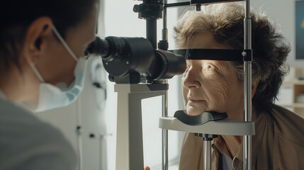 Senior woman test and checking glaucoma with optometrist or ophthalmologist. Senior woman patient having an eye exam