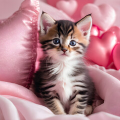 The kitten lies in a pink hearts. A cat sit in purple balloons for Valentine's Day. Romantic concept: love, tenderness. High quality photo