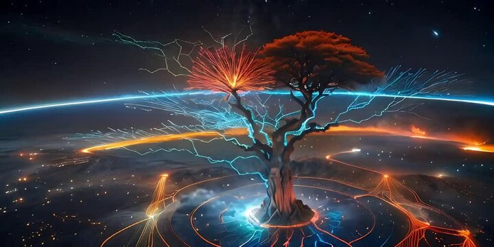 Alien tree with glowing leaves on exoplanet

