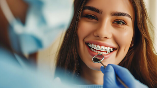 Young woman smile with braces getting a dental check up at dentistry with dentist in clinic, Braces and dental consultation for oral hygiene