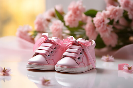 Pink baby shoes on pastel pink background with copy space for text - Powered by Adobe