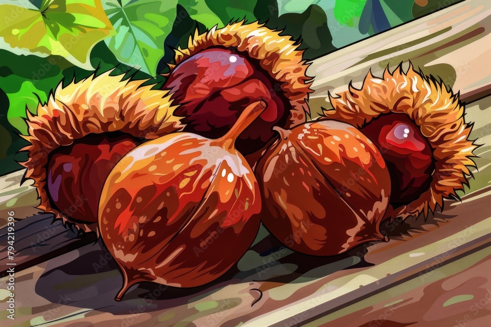 Poster Three chestnuts displayed on a rustic wooden table. Suitable for food and nature themes