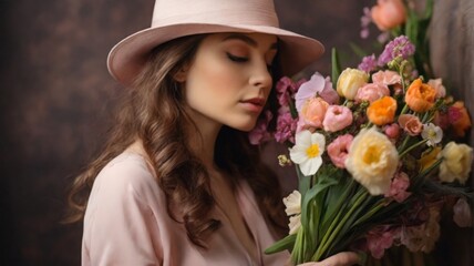 a woman in a hat sniffs a bouquet of spring flowers