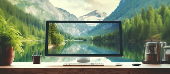 Computer monitor on desk overlooking lake and mountains