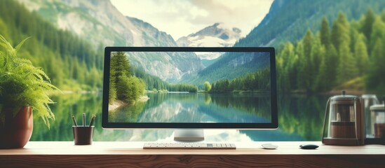 Fototapeta premium Computer monitor on desk overlooking lake and mountains