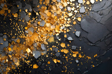 Texture of the black background with golden splashes of liquid paint. Abstract bright wave design for business, interiors, greeting cards for holidays, decor. 