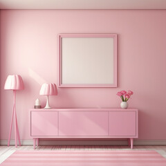 Pink interior with a pink chest of drawers. 3d render