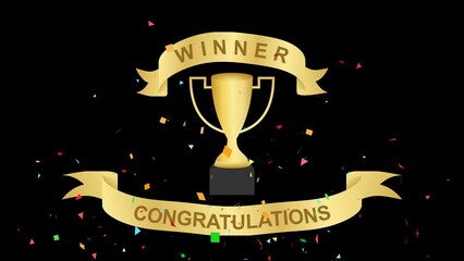 animated winner golden cup ribbon congratulations and confetti. celebration 1st place in competition. video footage animation on alpha background.