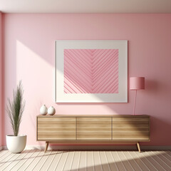 Pink interior with a pink chest of drawers. 3d render