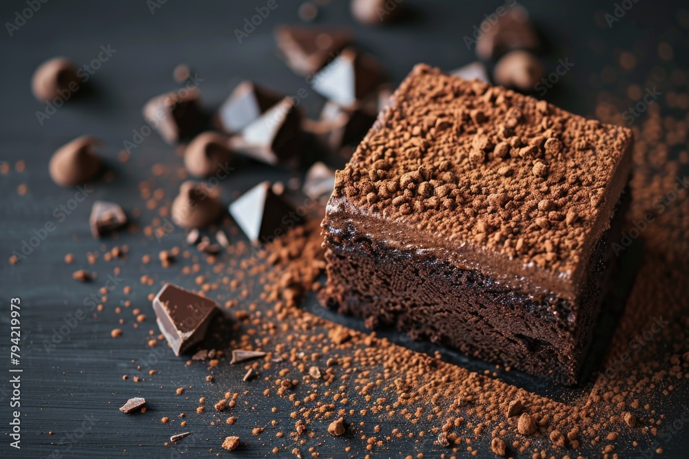 Poster a close up of a piece of chocolate cake on a table. ideal for food and dessert concepts
