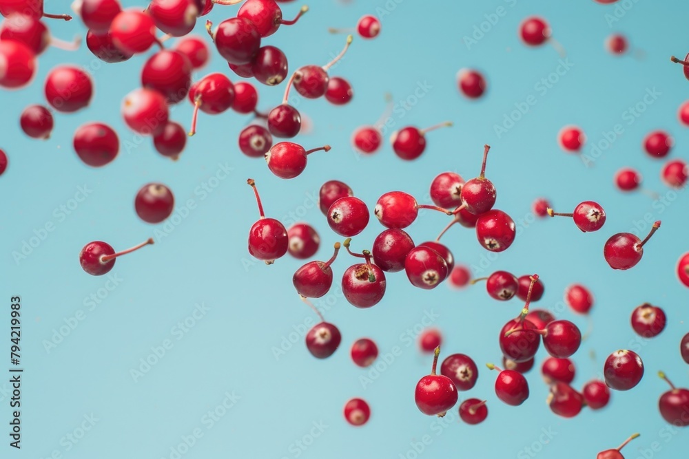 Poster A dynamic image of red berries floating in the air. Perfect for nature and seasonal concepts