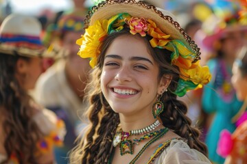 Fototapeta premium A young woman wearing a traditional costume and floral headpiece smiling warmly at a cultural event