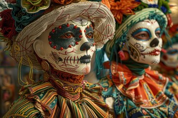 A close-up of elaborate festival Day of the Dead makeup on a female, decorated with colorful floral elements