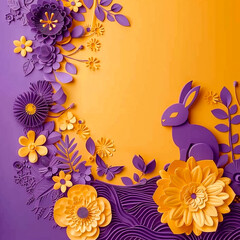 Fototapeta na wymiar Easter paper art, craft, forest with easter rabbit., in yellow and purple.