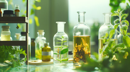 Natural drug research, Natural organic and scientific extraction in glassware, Laboratory and development concept
