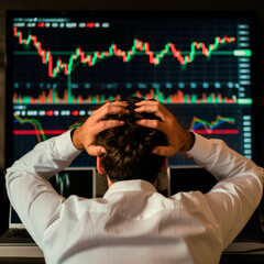 Backview photo of male businessman mature investor disappointed with bitcoin money rate and investment.