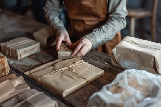 Person wrapping packages on a wooden table, suitable for packaging or shipping concept