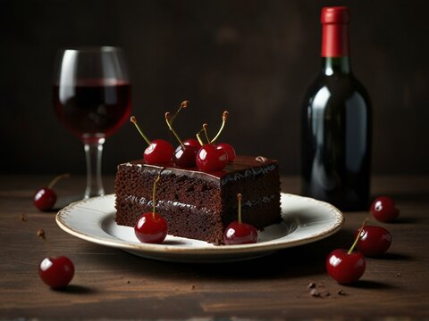 The image depicts the luxurious pairing of ripe cherries and rich chocolate with a vintage aesthetic.