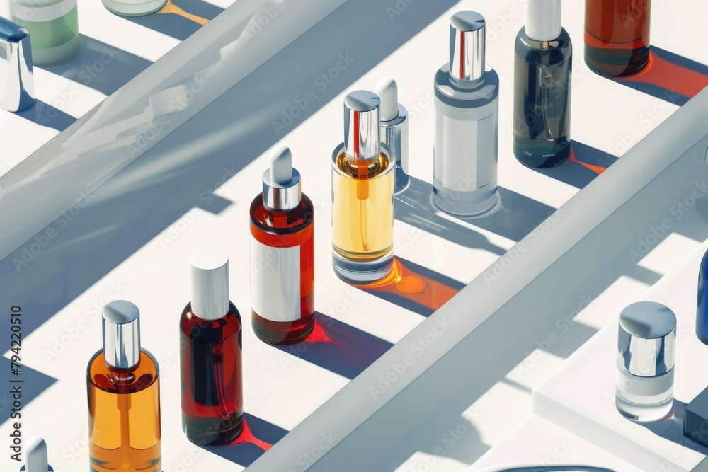 Fototapete various colored bottles arranged on a table. suitable for product display